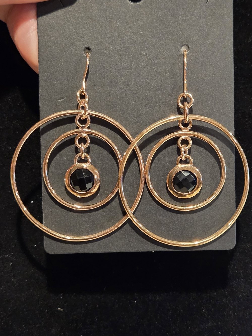 Milor Bronze Italy  Double Hoop Drop Earrings with Black Faceted Accent